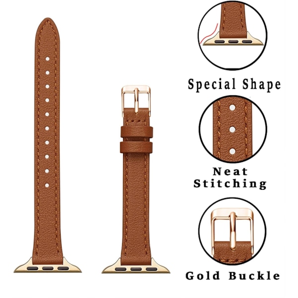 Ohut nahkaranneke, yhteensopiva Apple Watch Band 38 mm, ruskea ja kultainen Brown with Gold 38mm/40mm/41mm