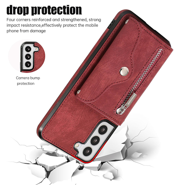 Telefonfodral för Samsung Galaxy S22 5g med stativ, RFID-blockering, kortfodral, PU-läder + TPU-skal Red