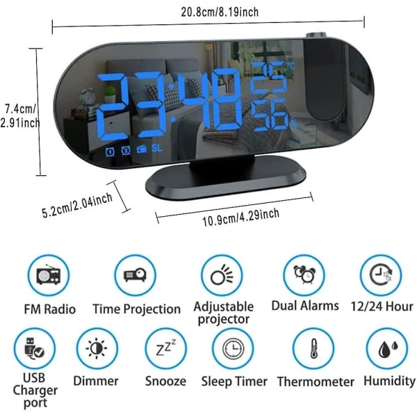 Projektorväckarklocka med radio - Digital klocka - USB -klockradio med dubbla larm och LED-spegeldisplay - 180 vridbar blå
