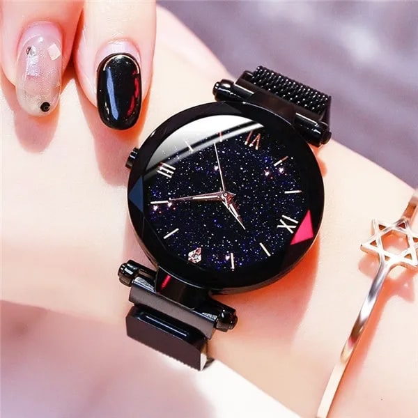 Fashion Starry Sky Dameure Magnet Spænde Mesh Bælte Diamant Quartz Ur Dame Kjole Ur relogio feminino Black