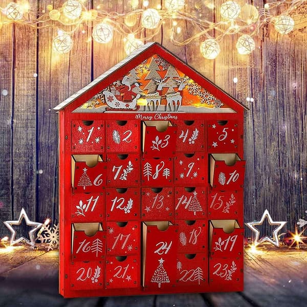 Stor Genanvendelig Julekalender i Træ med Lys og 25 Skuffer [BT] 1200