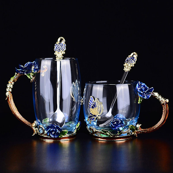 Blomster Glass Te Kopp Gaver til Kvinner Kaffe Krus Morsdag Jubileumsgaver til Mor Kvinner Morsdag, 50% Rabatt（330ml，Blå）