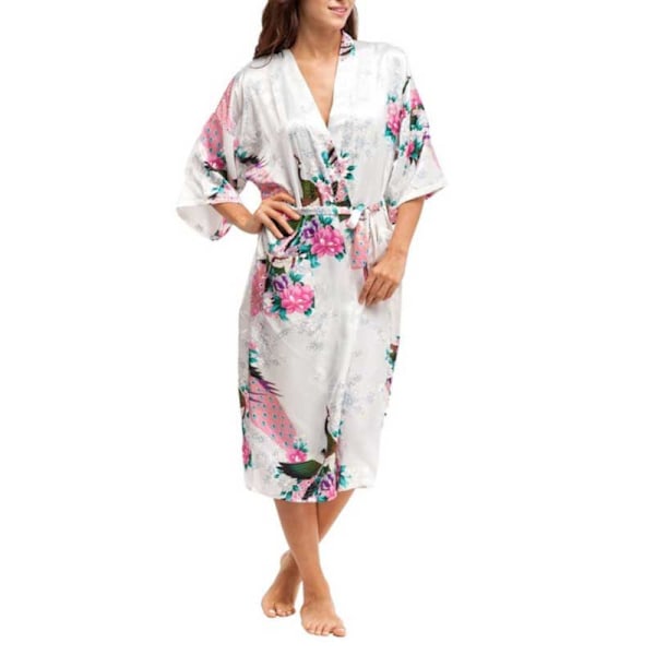 Kimono-robb, Mjukt Silke, Rob - Robb Nattklänning Nattkläder med 3/4 Ärmar Vit Vit White L