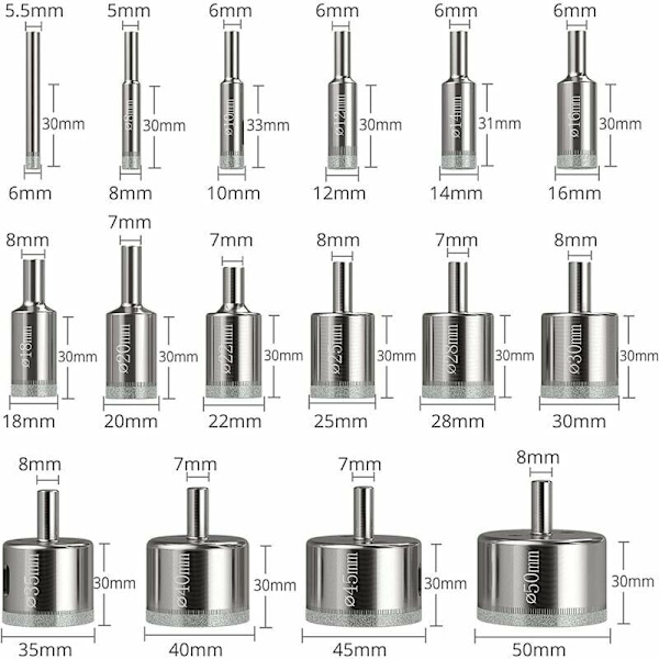 16-delt hulsave sæt, diamant borekrones hulsave 6-50 mm glasboring