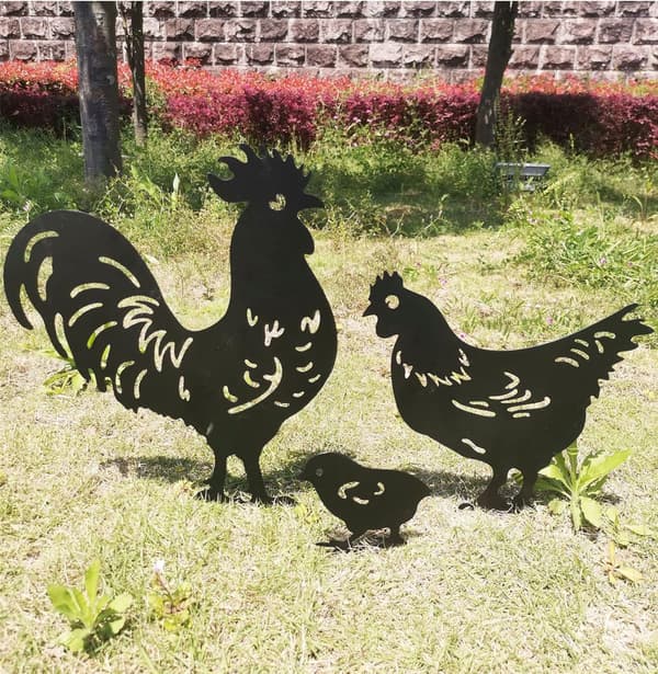 Utendørs metallhagedekor, hønsehuskunst hagemetallstatuer