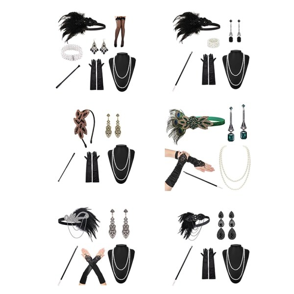 Huvudband, halsband, handskar och armband i 1920-talets flapperstil, Gatsby MK, onesize K K Onesize