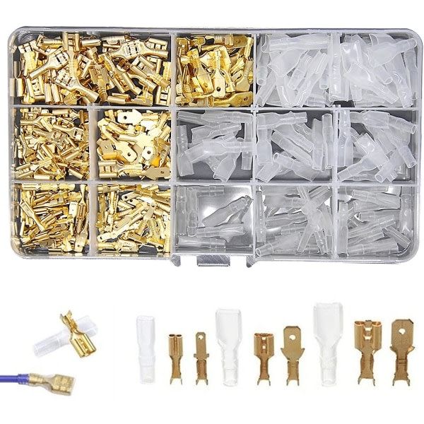 Hann- og hunkontakt spadekontakt elektrisk ledning crimp terminalblokk hann- og hunkontakt flatkontakt med isolerende hylse for elektrisk ledning crimp, gullfarget,
