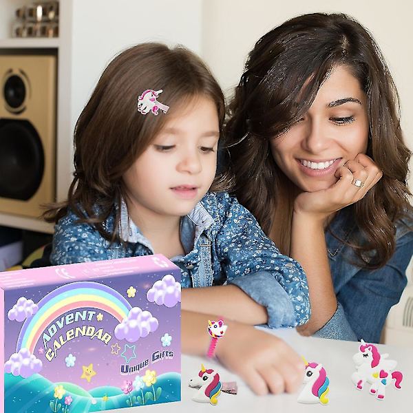 24-dagers Unicorn-kalender Nedtelling Unicorn Hårspenner Ringer Overraskelse Blindboks For Jenter Julegave