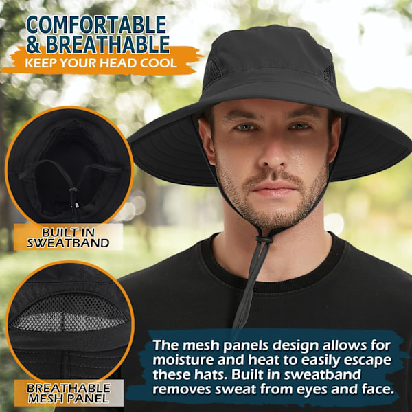 Unisex solhatt Vattentät Bred Brätte Bucket Hat Packable Boonie Hat för Fiske Vandring Trädgård Safari Strand Black