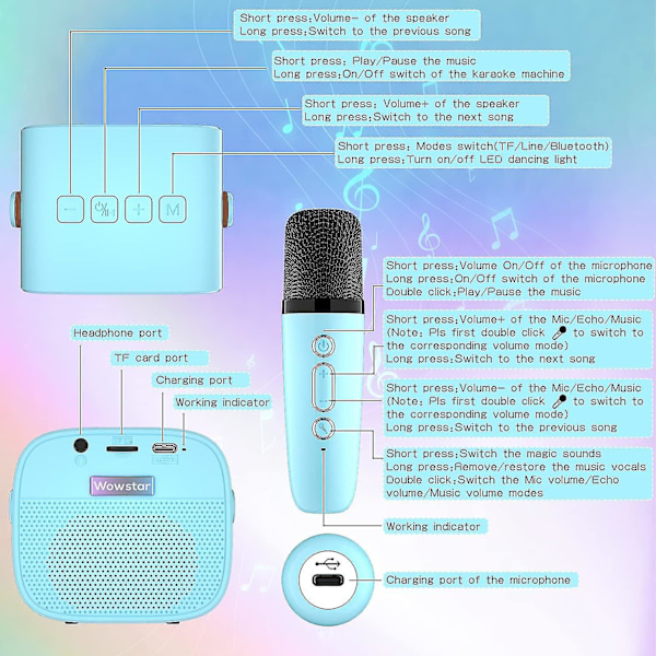 Lasten karaoke-kone 2 langattomalla mikrofonilla, kannettava Bluetooth-karaoke-kone lapsille, aikuisille, äänenmuuttajatehosteilla ja LED-valoilla