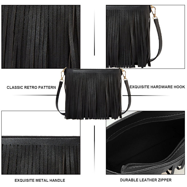Damväska i Läder med Fransar, Crossbody, Plånbok för Dagligt Bruk