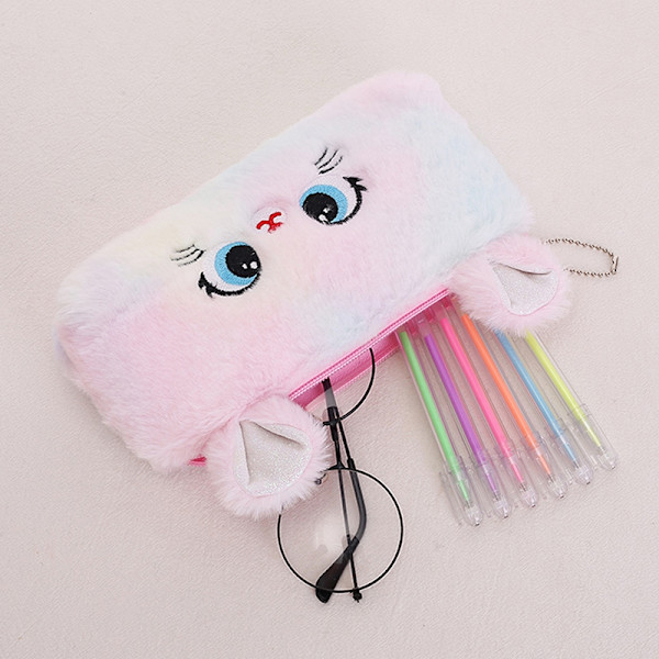 Kawaii tegneserie sød kat plys pung blyant etui lynlås fluffy stor kapacitet pen taske Purple Color+Rose*2