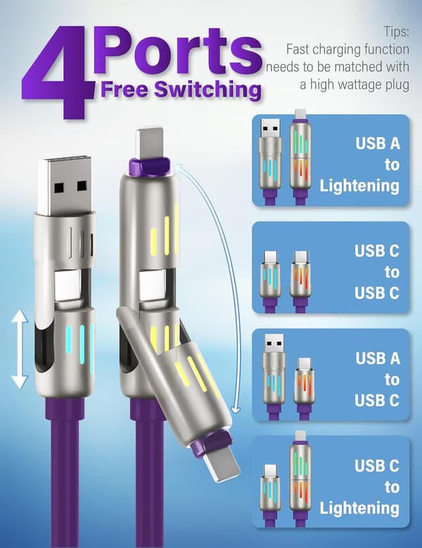 240W 4-i-1 USB-C Kabel, Multi Oplader med Åndedrætslys, PD 5A Multi Hurtig Opladning & Data Synkronisering Silikone Kompatibel iPhone Samsung Laptop{yh}
