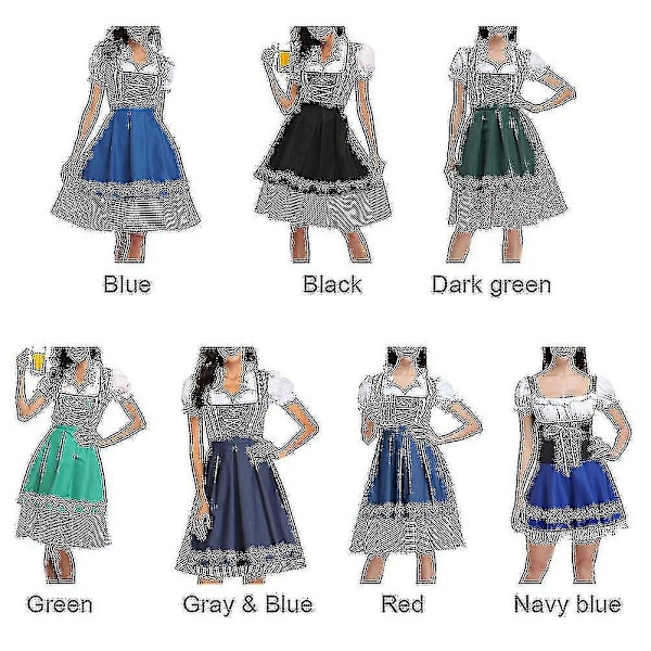 Uusi naisten dirndl-mekko, baijerilainen naisten perinteinen mekko, oluttyttömekko, pusero, esiliina, harmaa, sininen Gray Blue XL