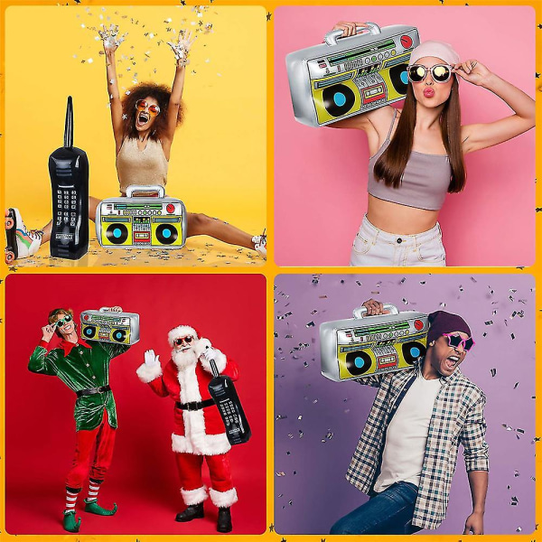 Oppustelig boombox-radio og oppustelig mobiltelefon - rekvisitter til 80'er- og 90'er-fester