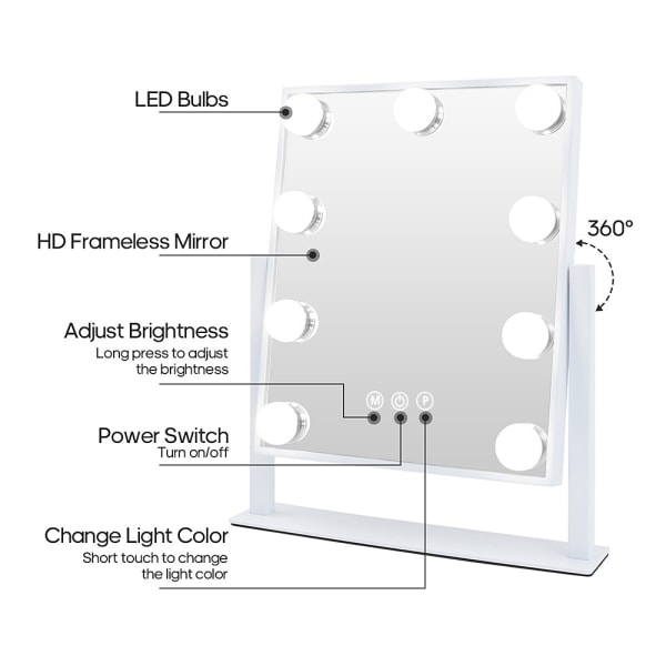 FENCHILIN Hollywood smink spegel med lampor 360° roterbar bordsskiva 25 x 30 cm vit 25 x 30 cm
