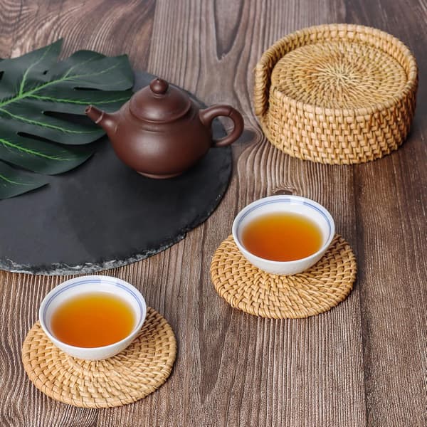 Ulable Sæt med 6 Rattan Vævede Kop Måtter Håndlavet 4 * 4 tommer Brun