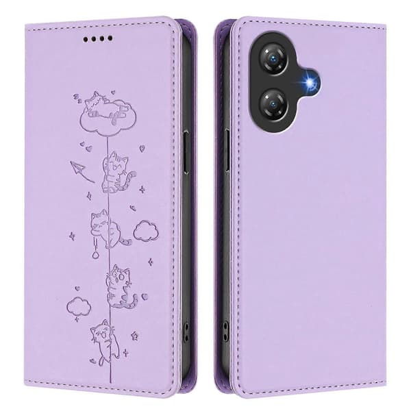 Søde Katte Præget Magnetisk RFID Vegansk Læder Telefoncover Light Purple For Ulefone Note 21