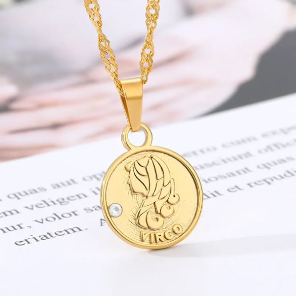 Disk Stjernebillede Halskæde 12 Stjernetegn Sten Vedhæng Halskæde Kvinder Mode Horoskop Smykker Fødselsdagsgaver Rosaguld Rose Gold Virgo