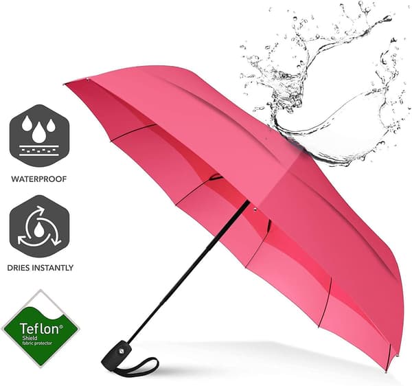 Umbrella Windproof Travel Umbrellas for Rain - Easy Automatic Open and Close, Durable & Compact Umbrella, Strong Fiberglass Frame, Waterproof Canopy Pink