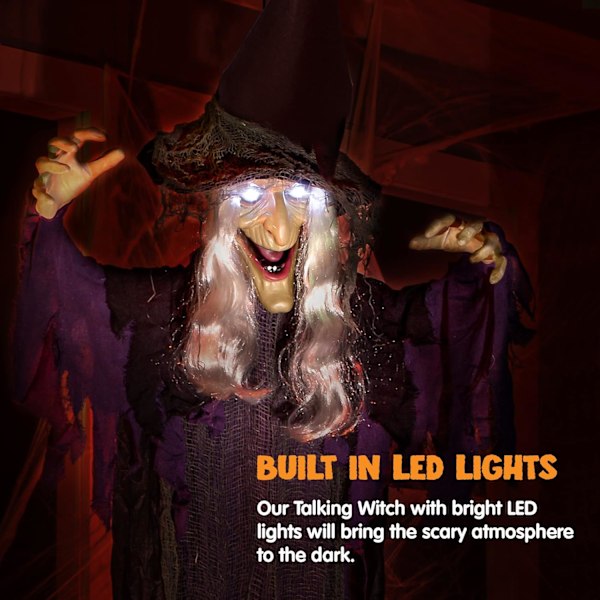 Halloween-riipus lentävä noita animatroniikka violetti, puhuva animoitu noita valaisevat silmät äänellä aktivoitu, Halloween-koristeet ulkona