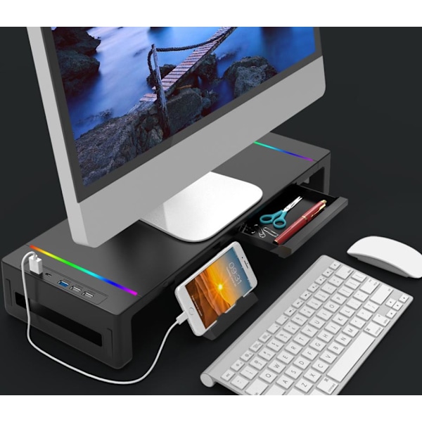 Foldbar Monitor Stativ, USB 3.0 Computer Monitor Hub, Skrivebordsstativ med Opbevaringsboks,