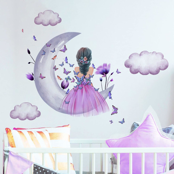 Sommerfuglpige Vægsticker, Måne Sky Blomster Fe Vægsticker, Rosa Blomster Vægmural, Farverige Sommerfugle, Vægsmykke, Babyværelse, Rosa