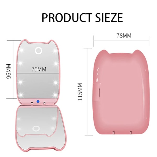 LED-sminkspegel med ljus, bärbar, hopfällbar, kattdesign