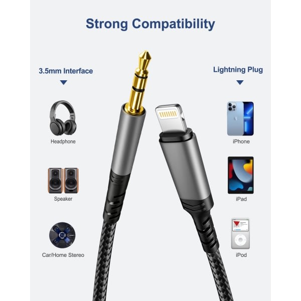 Billadapterkabel til iPhone, Lightning til 3,5 mm nylon stereoaux