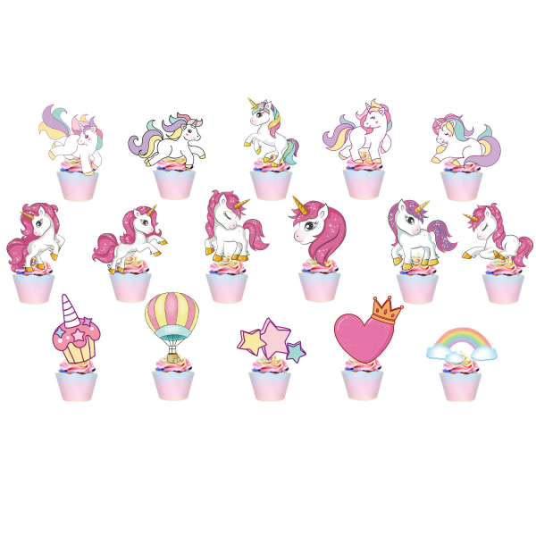 34-delers Unicorn Cake Toppers, Bursdagskake Toppers, Cupcake Inserts, Bakte Dessertflagg for Unicorn-temafester