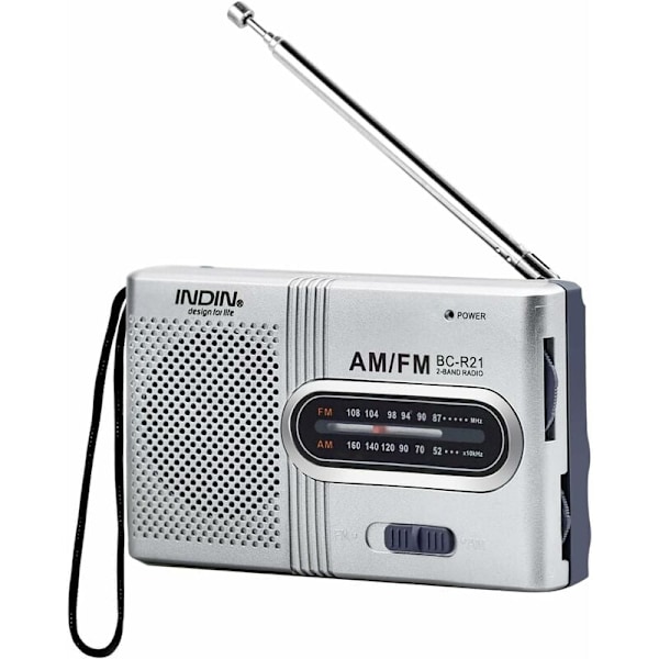 Bärbar radio liten radio silver FM/AM (MW), extra stort ratt, miniradio med inbyggd högtalare, batteridriven