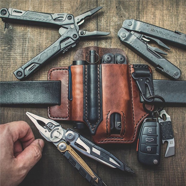 EDC Organizer Bältesögla Läder Multiverktygshållare för Penna Ficklampa Verktyg och EDC Utrustning
