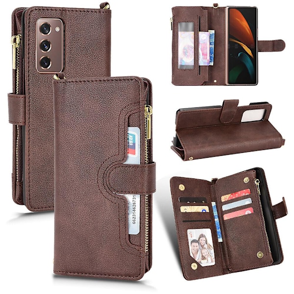 Etui til Samsung Galaxy Z Fold 2 Cover Lynlås Magnetisk Tegnebog Kort Holder PU Læder Flip Etui Brun Brown A