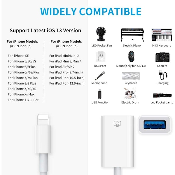 USB OTG -sovitin iPhonelle iPadille, USB-kamera-adapteri latausportilla, USB 3.0 OTG