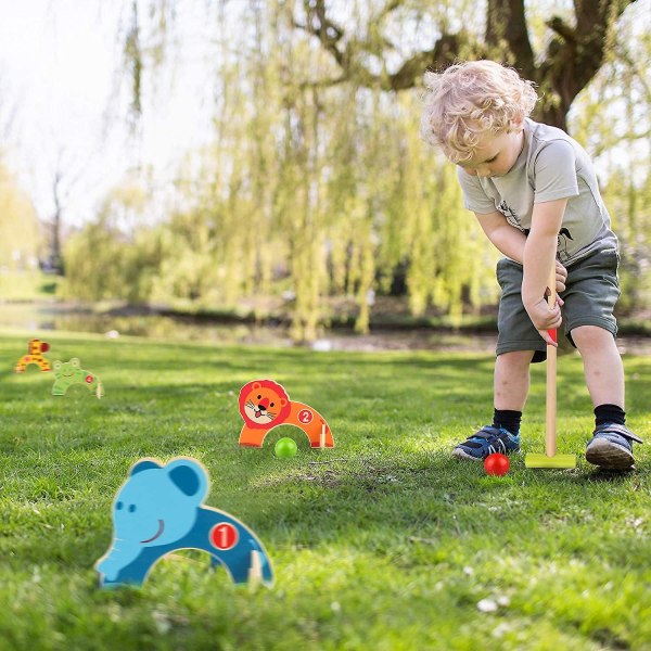 Tregolfsett i tre med dyremotiv, golfleker med 2 baller, tidlig pedagogisk spillgave til barn