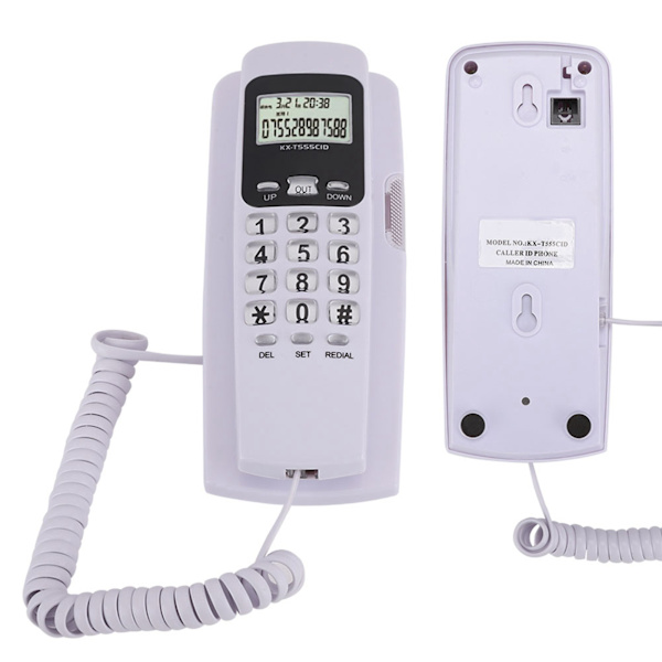 T555 Mini Väggmonterad Telefon Samtals-ID Hotell Hem Kontor Telefon med LCD-Bakgrundsbelysning (Vit)