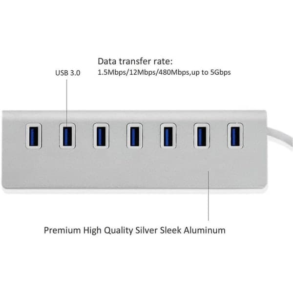 Aluminium USB 3.0 Hub, 7 Super Speed USB 3.0 data porte, kompatibilitet