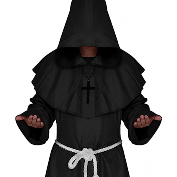 JUSTUP Halloween Cosplay Kostym Kåpa Suitor Medeltida Huva Munk Renässans Präst Robe Kostym Cosplay（Svart，Storlek L）