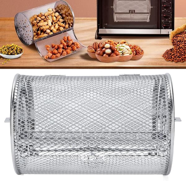 Roterende grillkurv i rustfrit stål, rotisserietromle 12x18 cm til kaffebønner, nødder, ovn
