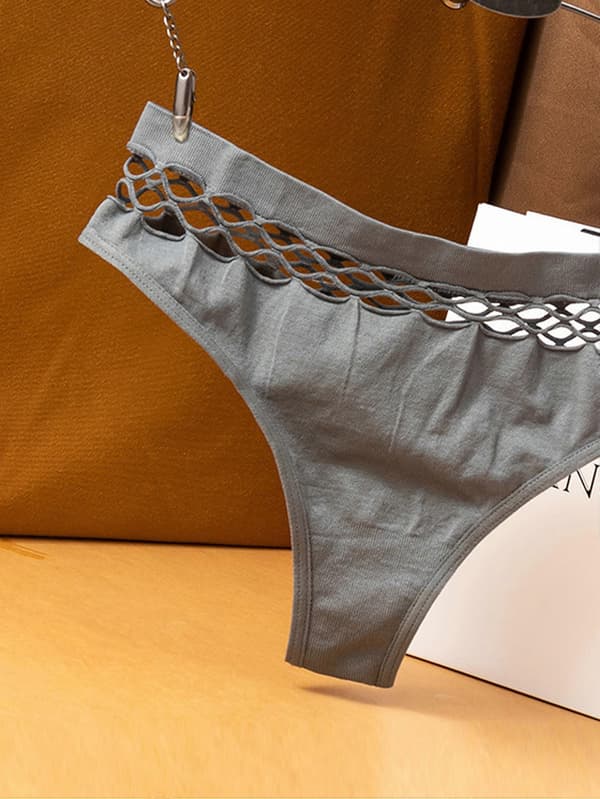 Utskårne ensfargede stringtruser, myke og komfortable elastiske intime truser, dameundertøy og underbukser Grey XL