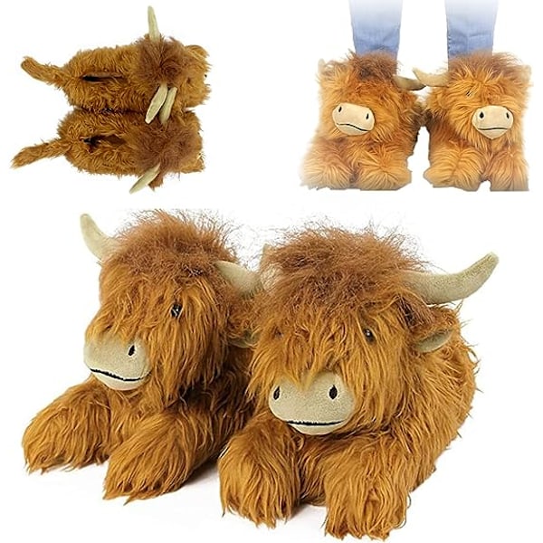 Highland Cattle Tøfler, Fluffy Skotske Highland Cow Tøfler Plush