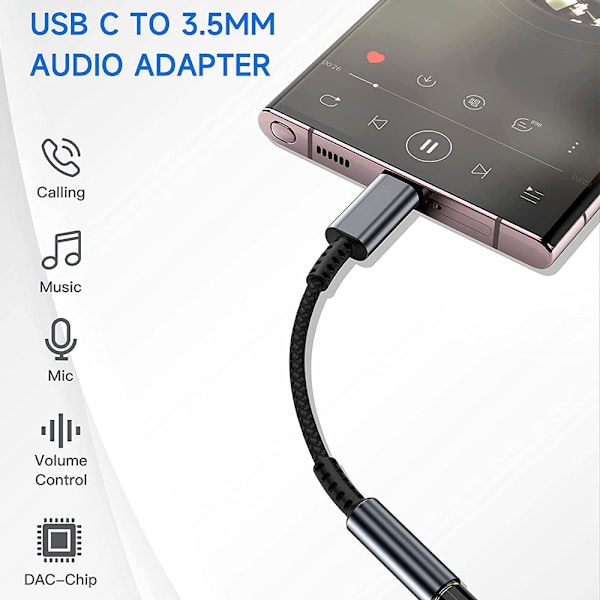 USB C till 3,5 mm Honadapter för Hörlurar (2-pack), USB Typ