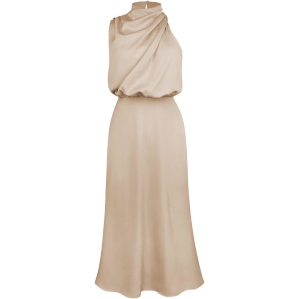 Sexy Kort Satin Kjole til Kvinder, Sommerlig Formel Lang Kjole, Mock Neck, Ærmeløs, Slids i Siden, Flydende Ærmeløs Maxi Skørter, Elegante Kvinders Skørter apricot L