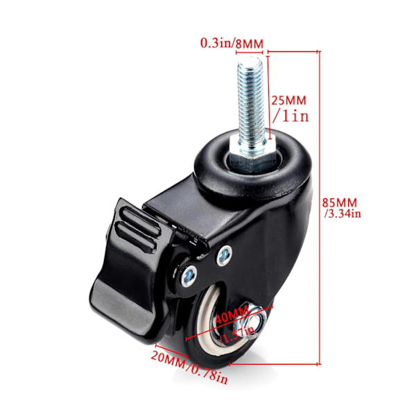 stk Kontorstol Hjul M8 x 25mm Polyuretan Svingbare Hjul Maks Last 240kg Erstatning Svingbare Hjul med Bremser [qb]