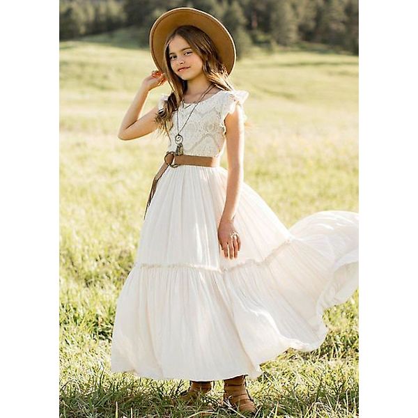 Plus Size Prinsessa Flickor Bomull Spets Fest Tonåringar Långa Klänningar Baby Barn Blomsterflicka Bröllop Födelsedag Barnkläder För 6-14y Vit White 14