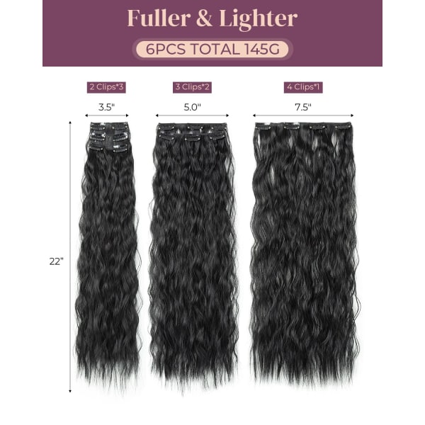 Clip In Hair Extensions, 6PCS 24\" Sort Hår (Sort)