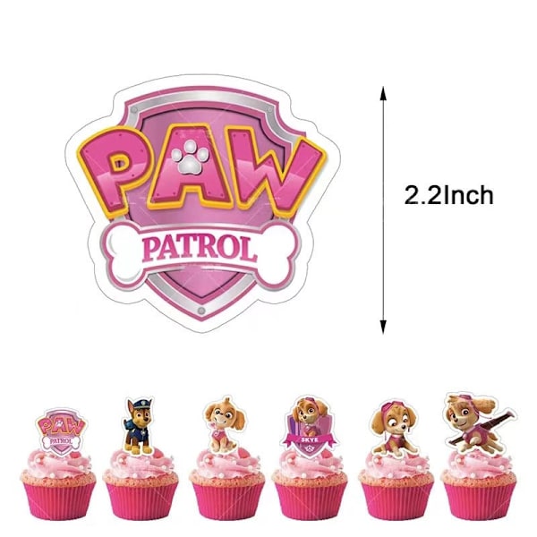 26 kpl koiran kakkutikkareita tytöille, syntymäpäiväkakkutikkareita, cupcake-lisäosia, leivottujen jälkiruokalippuja Paw Patrol -teemaiseen juhlaan vaaleanpunaisena L