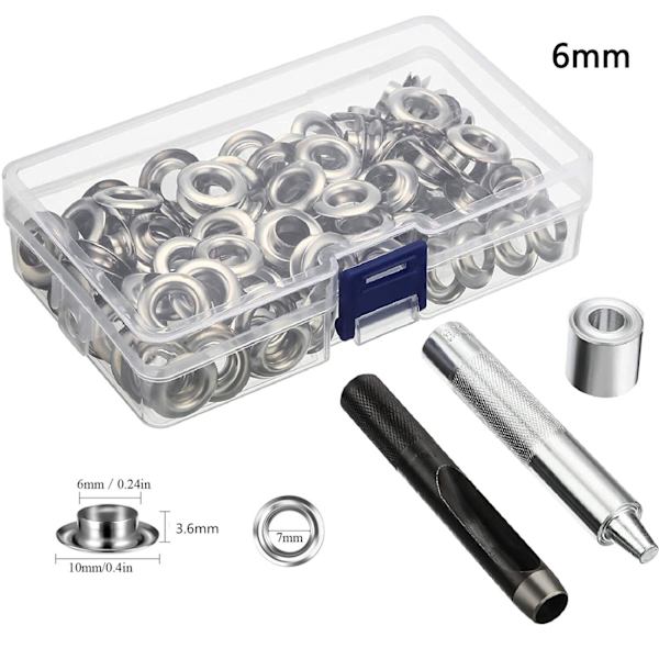 Grommetverktygssats 100 set Grommets Öglor 6mm 10mm 12mm 14mm Innerdiameter Silver för Kläder Skor Väska Läderhantverk DIY 100 sets 6mm