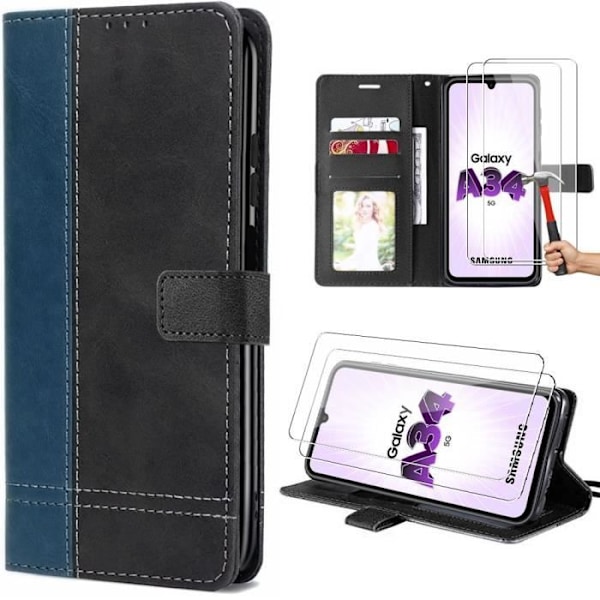 Etui + 2 hærdet glas til Samsung Galaxy A34 5G - Etui med læderlook Sort-Marineblå Bicolor