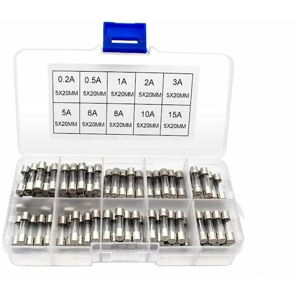 100 st 5X20 mm rörförstärkarsats med olika säkringar 0,2A, 0,5A, 1A, 2A, 3A,